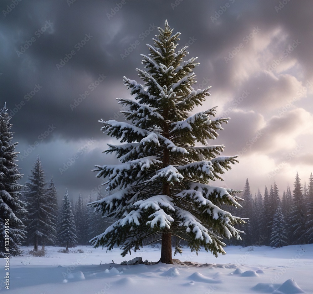Snow-covered spruce tree against a dark and gloomy winter sky, barren, serene, frozen Snow-covered spruce tree against a dark and gloomy winter sky, barren, serene, frozen
