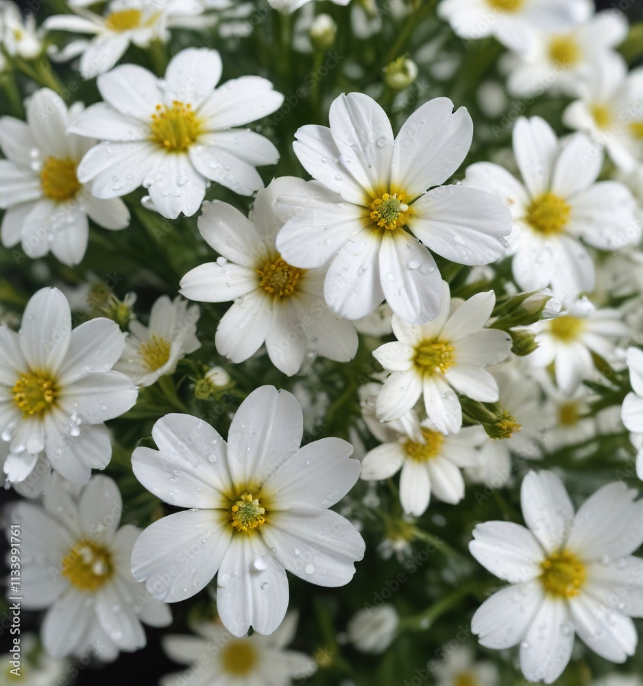 A loose arrangement of small white flowers with a tiny droplet of water on the center bloom, elegant, loose bouquet A loose arrangement of small white flowers with a tiny droplet of water on the center bloom, elegant, loose bouquet