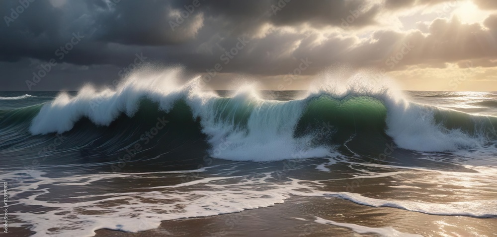 Fototapeta premium Big rolling wave in stormy weather with spray on the shore, stormy weather, stormy coast
