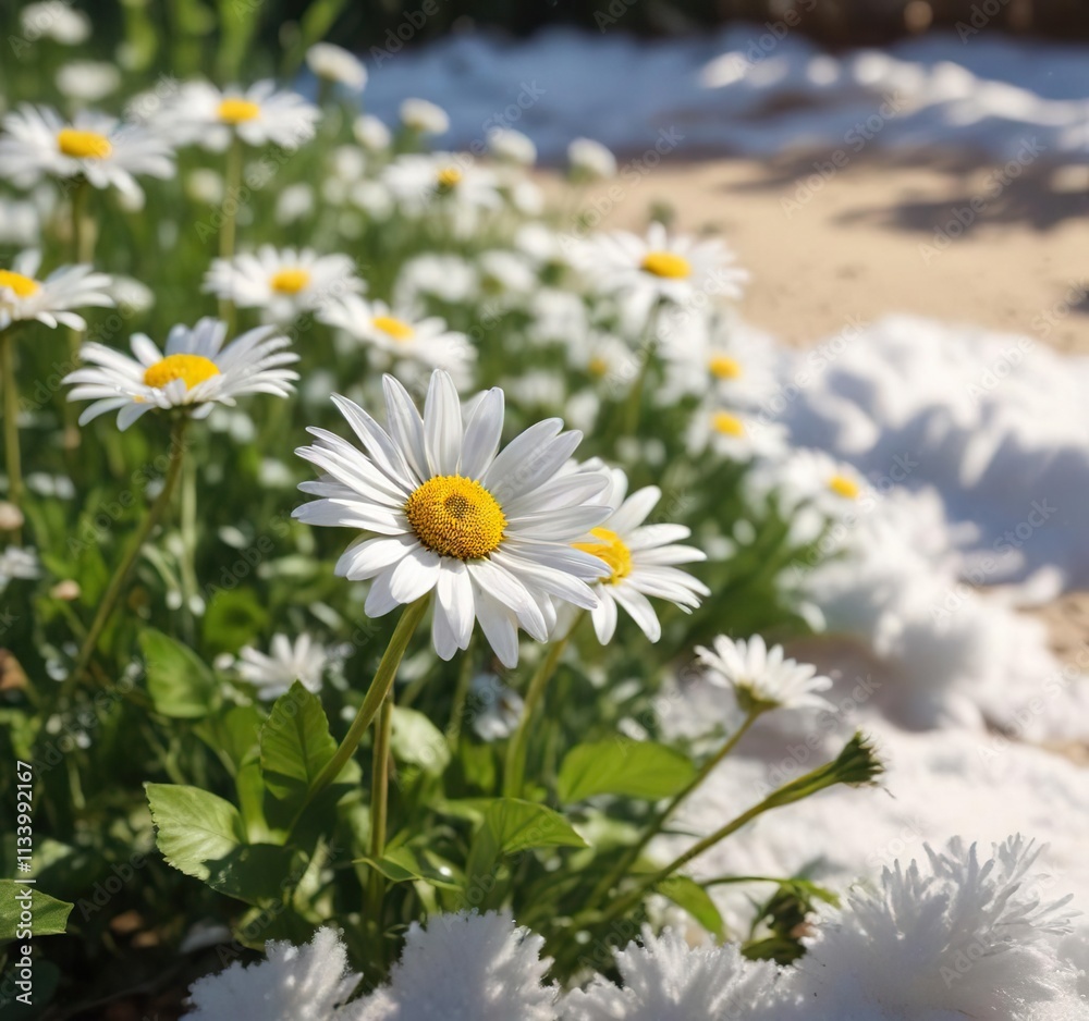 The solitary daisy is framed by snow-white stems and leaves as it stretches towards the warm sunlight on an idyllic summer day, light, sunny The solitary daisy is framed by snow-white stems and leaves as it stretches towards the warm sunlight on an idyllic summer day, light, sunny