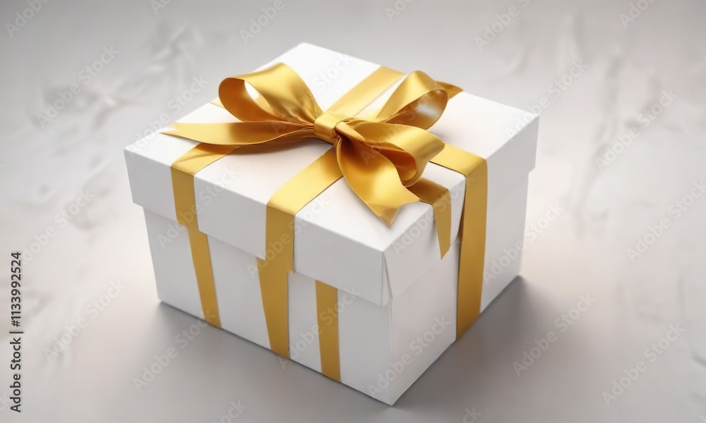 Obraz premium Simple white gift box with a golden ribbon and bow, sophisticated, gift wrap, high quality