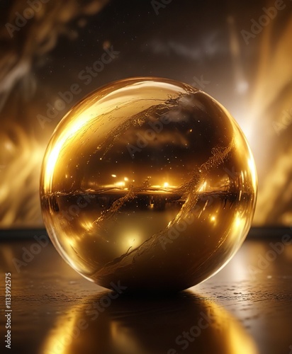 Softly glowing auroral light reflected in an abstract golden sphere, sparkle , shine