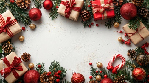 Assorted Christmas Gifts with Red and Gold Trinkets on a Pristine White Background, Abundance of Holiday Cheer