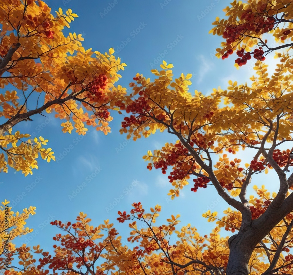 Tree with bright yellow leaves and vibrant red berries against a clear blue sky, deciduous tree, vibrant colors, outdoor photography Tree with bright yellow leaves and vibrant red berries against a clear blue sky, deciduous tree, vibrant colors, outdoor photography