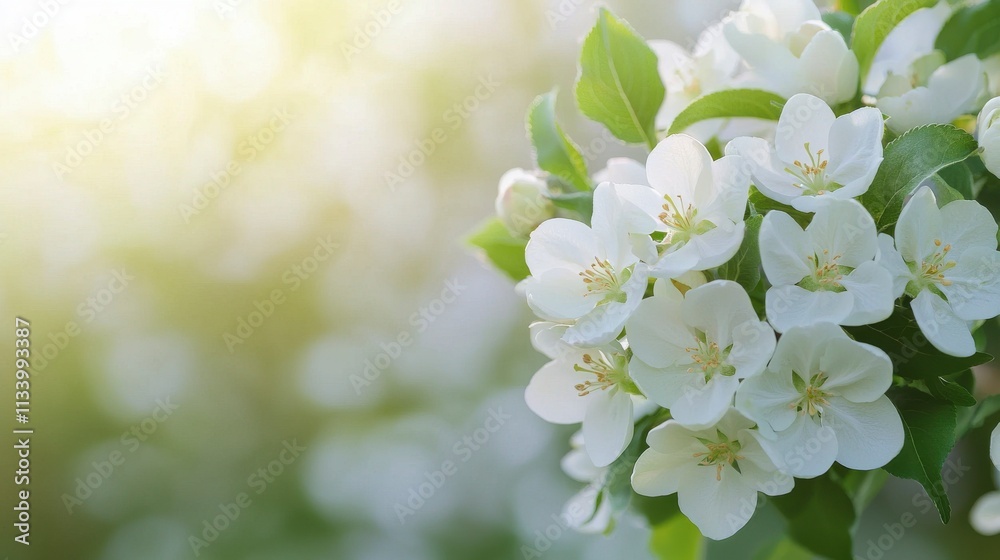 Delicate White Blossoms with Soft Green Leaves Illuminated by Gentle Sunlight, Creating a Serene and Refreshing Spring Atmosphere Perfect for Nature Lovers and Floral Enthusiasts Delicate White Blossoms with Soft Green Leaves Illuminated by Gentle Sunlight, Creating a Serene and Refreshing Spring Atmosphere Perfect for Nature Lovers and Floral Enthusiasts