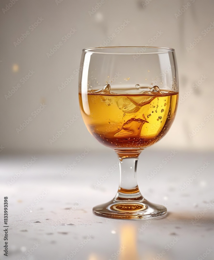 Glass goblet filled with a small amount of amber liquid on a crisp white surface, slightly blurred background for focus, beverage, elegance Glass goblet filled with a small amount of amber liquid on a crisp white surface, slightly blurred background for focus, beverage, elegance