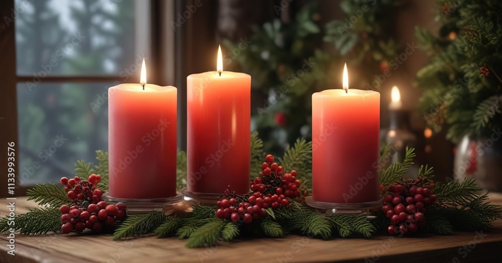 Trio of pillar candles in apothecary jars arranged among coniferous branches and clusters of red berries, forest-inspired decor, evergreen Trio of pillar candles in apothecary jars arranged among coniferous branches and clusters of red berries, forest-inspired decor, evergreen