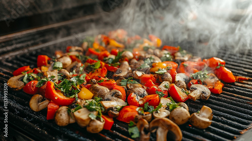 olorful grilled vegetables and mushrooms sizzling on a barbecue grill in bright daylight, symbolizing healthy eating, nature, sustainability, and the joy of outdoor cooking photo