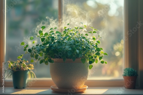 Lush green plant in a pot, bathed in sunlight, steam rising. Perfect for home, nature, and plant-related projects.