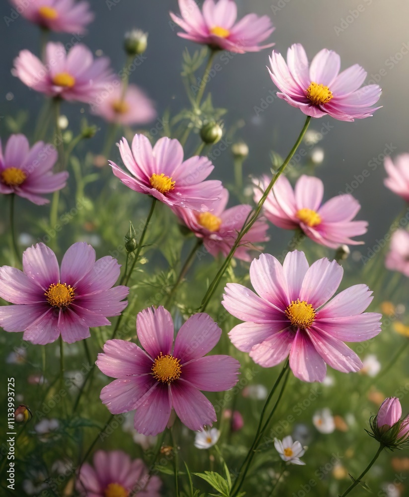Cosmos flowers unfolding their delicate petals in the morning dew , soft, delicate Cosmos flowers unfolding their delicate petals in the morning dew , soft, delicate