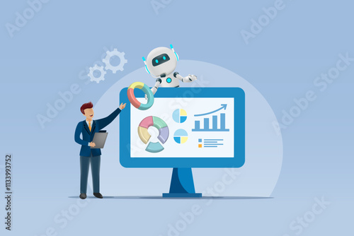AI robot gives analyzing business graph to businessman. Smart working with artificial intelligence technology analyzing business data information and develop smart solution.
