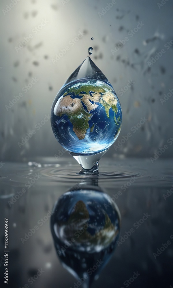 Water drop falling into still water with reflection of Earth inside , leaf, earth, surface Water drop falling into still water with reflection of Earth inside , leaf, earth, surface