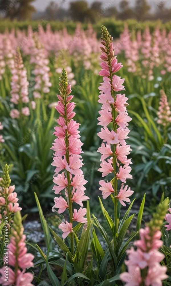 Unfurling fields of tuberose flowers in early bloom, tuberose, natural light Unfurling fields of tuberose flowers in early bloom, tuberose, natural light