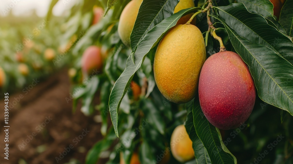Fresh Ripe Mangos Hanging from Lush Green Branches in a Vibrant Orchard Underneath Soft Natural Light During the Harvest Season