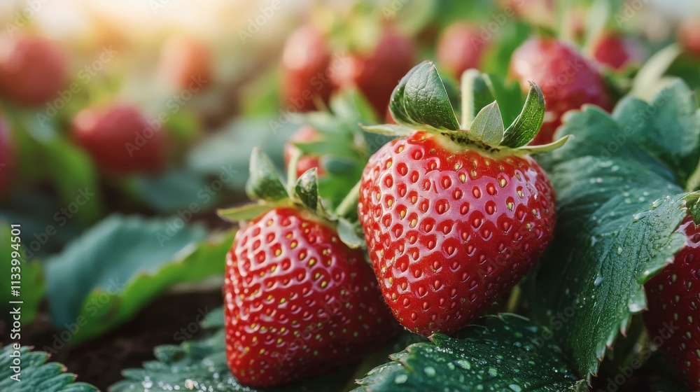 Fresh and Juicy Strawberries Growing on Green Leaves in a Sunny Garden with Water Droplets, Perfect for Healthy Eating and Culinary Delights Fresh and Juicy Strawberries Growing on Green Leaves in a Sunny Garden with Water Droplets, Perfect for Healthy Eating and Culinary Delights