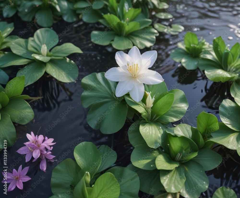 Jasmine flower floating amidst a bed of water hyacinths, lotus flower, aquatic flora Jasmine flower floating amidst a bed of water hyacinths, lotus flower, aquatic flora