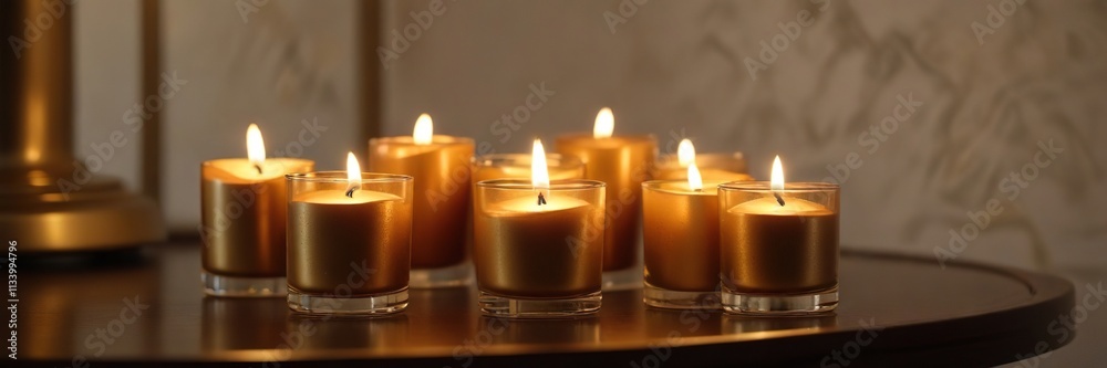 Softly glowing gold votive candles arranged on a side table, soft focus, decorative objects