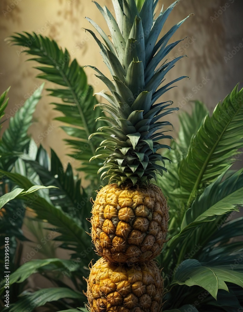 Pineapple on a leafy stem with increased swelling, leaves, ripe Pineapple on a leafy stem with increased swelling, leaves, ripe