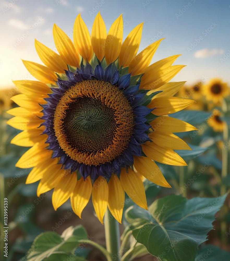 Obraz premium A blue and yellow sunflower in a bright field, garden, warm