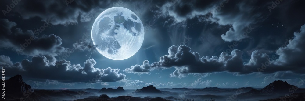 A dramatic blue sky with dense grey clouds and a large full moon peeking through the gaps in the clouds, dramatic, intense, illuminated A dramatic blue sky with dense grey clouds and a large full moon peeking through the gaps in the clouds, dramatic, intense, illuminated