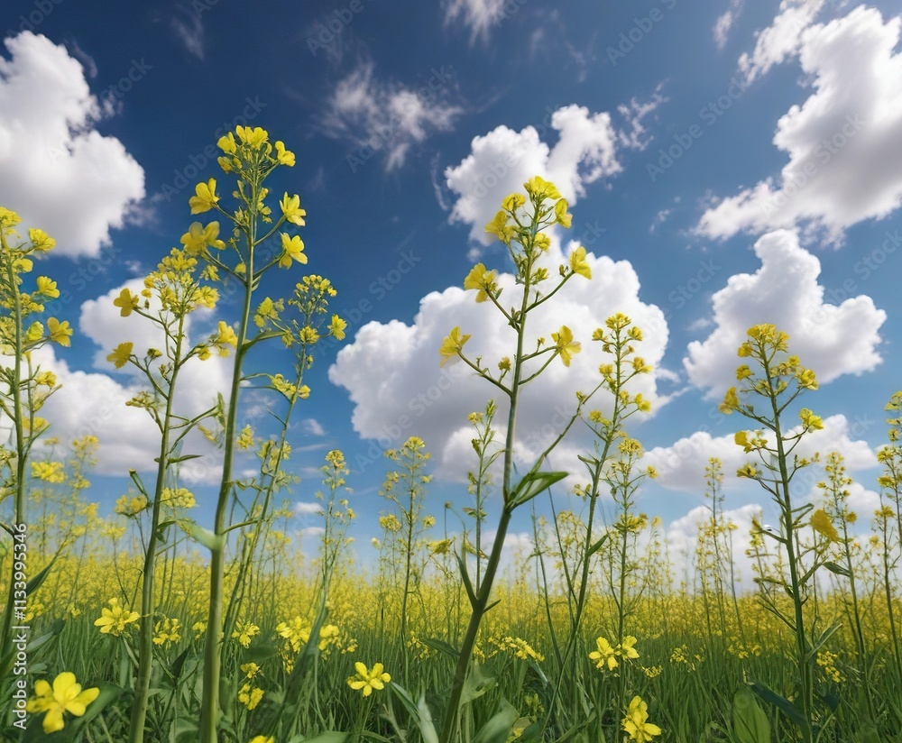 A gentle breeze rustles the delicate petals of yellow rapeseed plants as a blue sky with white clouds drifts above, wind, white clouds A gentle breeze rustles the delicate petals of yellow rapeseed plants as a blue sky with white clouds drifts above, wind, white clouds