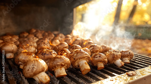 olorful grilled vegetables and mushrooms sizzling on a barbecue grill in bright daylight, symbolizing healthy eating, nature, sustainability, and the joy of outdoor cooking photo