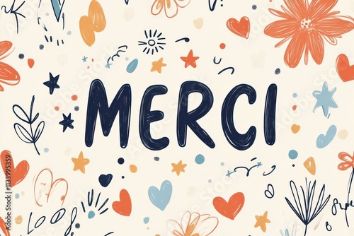 Beautiful Illustrated Design Featuring the Word 'Merci' Surrounded by Colorful Flowers and Hearts