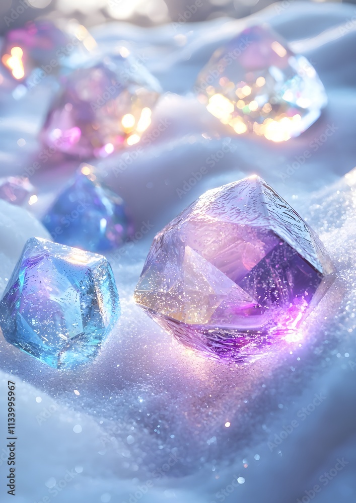 A colorful diamond with a frozen texture glows faintly, partially buried in snow with icy edges