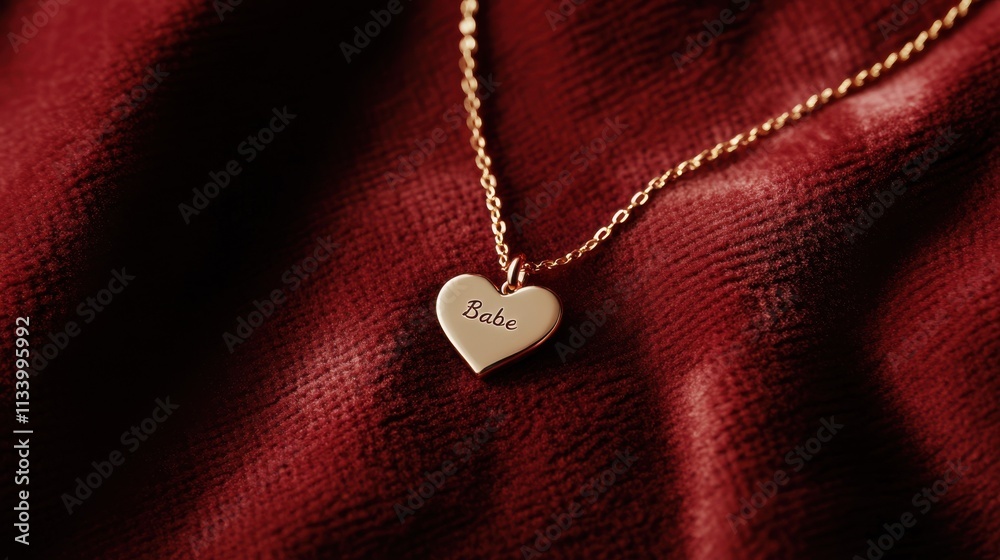 A delicate gold chain with a heart charm placed on a romantic red velvet surface with text A delicate gold chain with a heart charm placed on a romantic red velvet surface with text