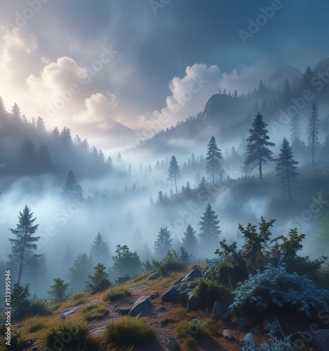 A dense fog with blue smoke on a misty forest landscape, eerie ambiance, blue smoke photo