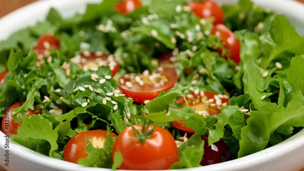 Fresh salad with cherry tomatoes and greens topped with sesame seeds prepared for a healthy meal Fresh salad with cherry tomatoes and greens topped with sesame seeds prepared for a healthy meal