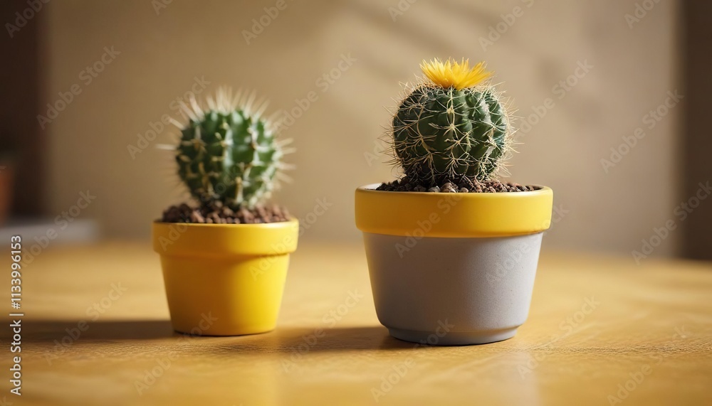 Fototapeta premium Small cactus plant in a tiny pot on a bright yellow table , mini cactus , succulent, cactus