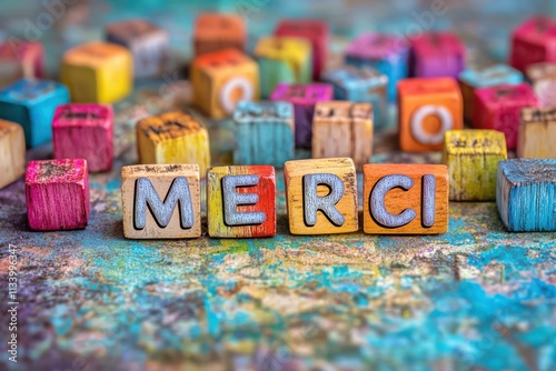 Vibrant and Playful Colorful Blocks Spelling Merci on a Textured Background photo