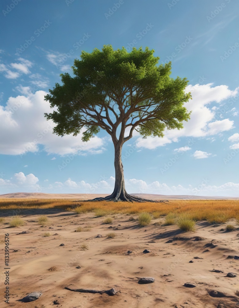 Single tree in endless flat plain under blue sky, stillness, lonely landscape Single tree in endless flat plain under blue sky, stillness, lonely landscape