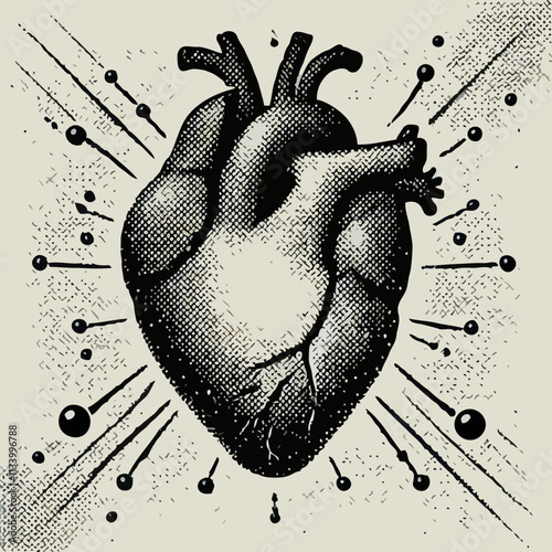 Vintage Anatomical Heart: Black and White Ink Drawing with Gothic Retro Style in Bold Graphic Design