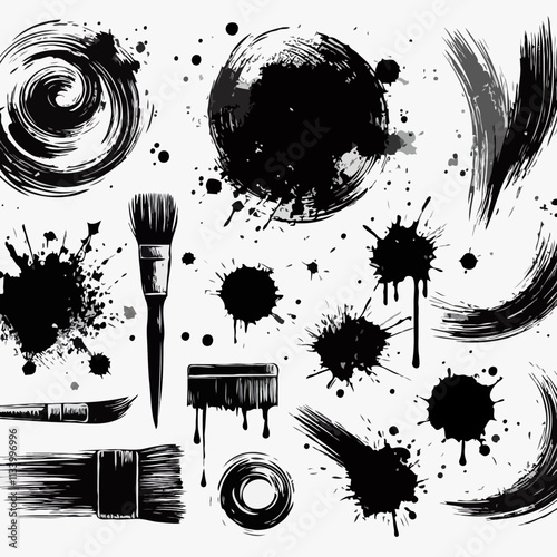 Abstract Black Ink Splatter Background: Artistic Texture with Brush Strokes and Creative Visual Design