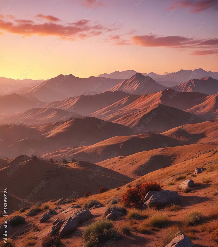 The soft glow of sunset fades into the distance behind a range of hills, warm atmosphere, hills, peaceful horizon The soft glow of sunset fades into the distance behind a range of hills, warm atmosphere, hills, peaceful horizon