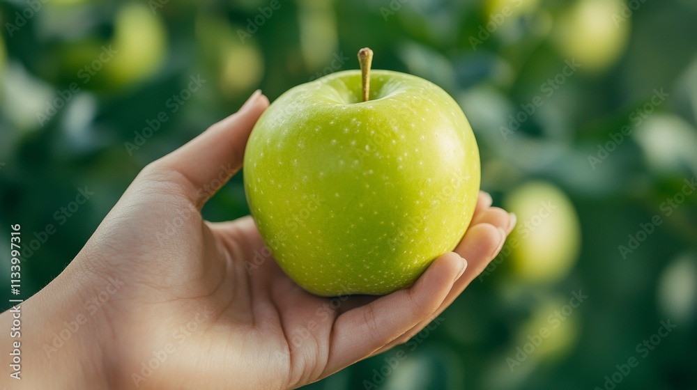 Fresh Green Apple Held in Hand Against a Natural Background of Apple Trees with Blurred Fruits, Symbolizing Organic Farming, Healthy Eating, and Nature's Bounty Fresh Green Apple Held in Hand Against a Natural Background of Apple Trees with Blurred Fruits, Symbolizing Organic Farming, Healthy Eating, and Nature's Bounty