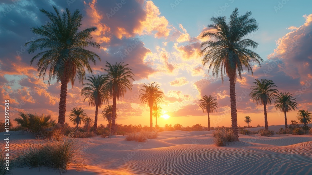 Obraz premium Sunset Oasis: Palm Trees Silhouetted Against a Vibrant Desert Sky