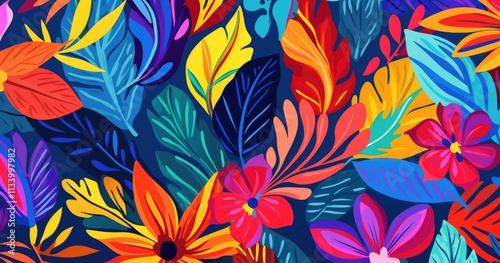 beautiful Abstract art pattern with vibrant tropical flowers and leaves in bold colors