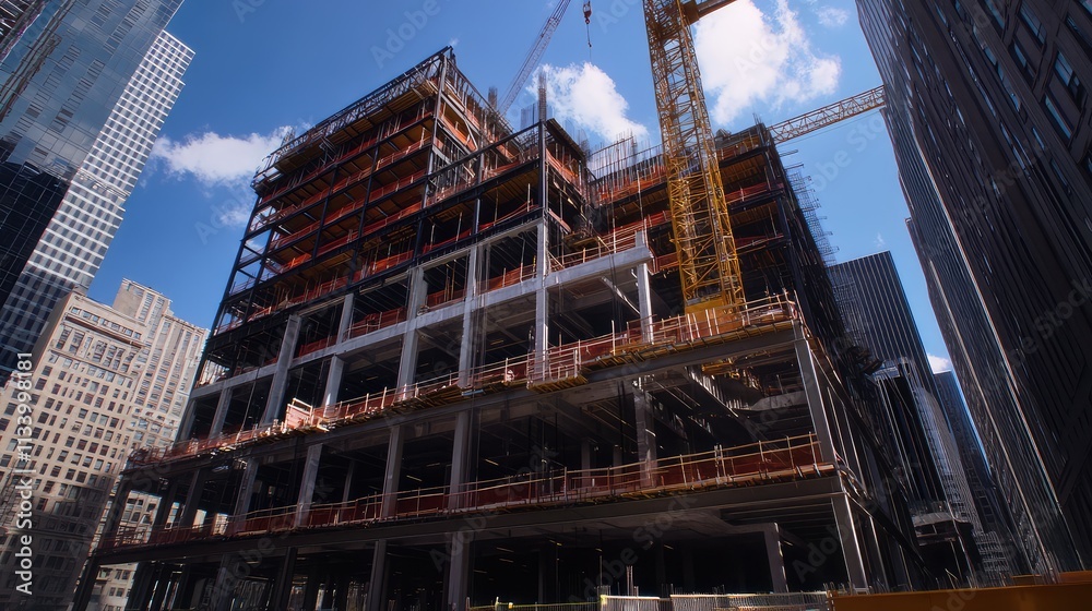 A steel and glass commercial structure midway through construction, with unfinished walls and cranes towering above A steel and glass commercial structure midway through construction, with unfinished walls and cranes towering above