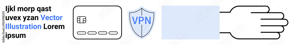 Text block next to a credit card icon, VPN shield, blank blue rectangle, and a hand icon. Ideal for cybersecurity, digital marketing, online transactions, privacy protection, payment security user Text block next to a credit card icon, VPN shield, blank blue rectangle, and a hand icon. Ideal for cybersecurity, digital marketing, online transactions, privacy protection, payment security user