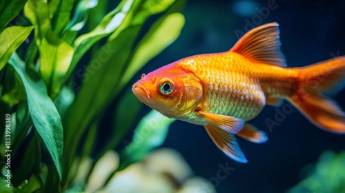 Vibrant Goldfish Swimming Gracefully Among Aquatic Plants in an Underwater Scene, Showcasing the Beauty of Freshwater Life and Natural Habitat