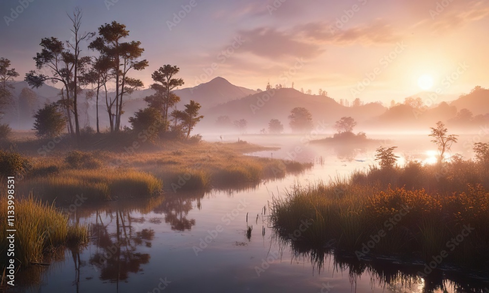 Softly glowing mist descends upon a serene marshland, serene, lily pads, reeds Softly glowing mist descends upon a serene marshland, serene, lily pads, reeds