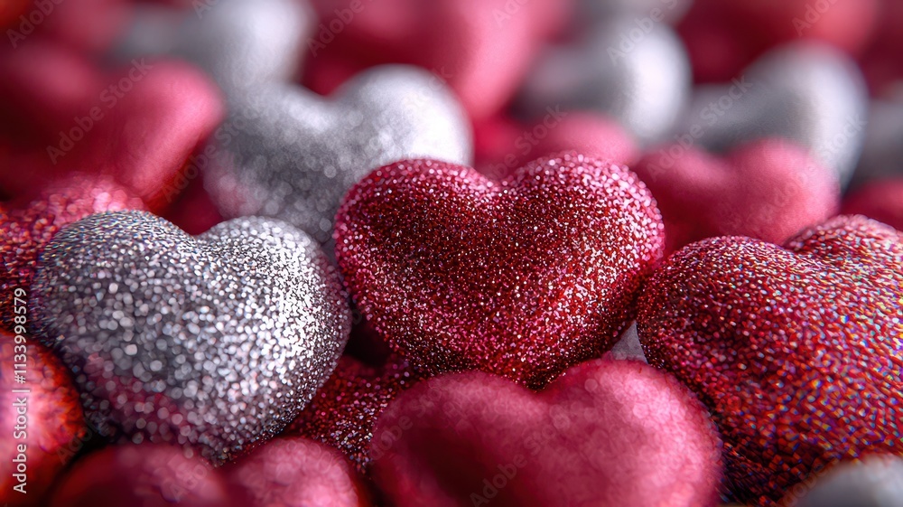 Fototapeta premium A vibrant assortment of sparkling red and silver hearts, creating a festive and romantic atmosphere.