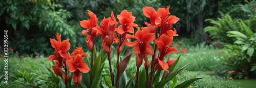 Vibrant red canna lilies blooming in a lush green garden, purple, ornamental