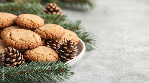 Freshly Baked Cookies Surrounded by Pine Cones and Evergreen Branches on a Rustic Grey Background for Celebrating the Holiday Season