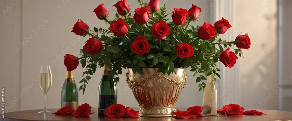 Fototapeta premium Red roses and greenery intertwined with a champagne bottle in a decorative vase, greenery, fragrance