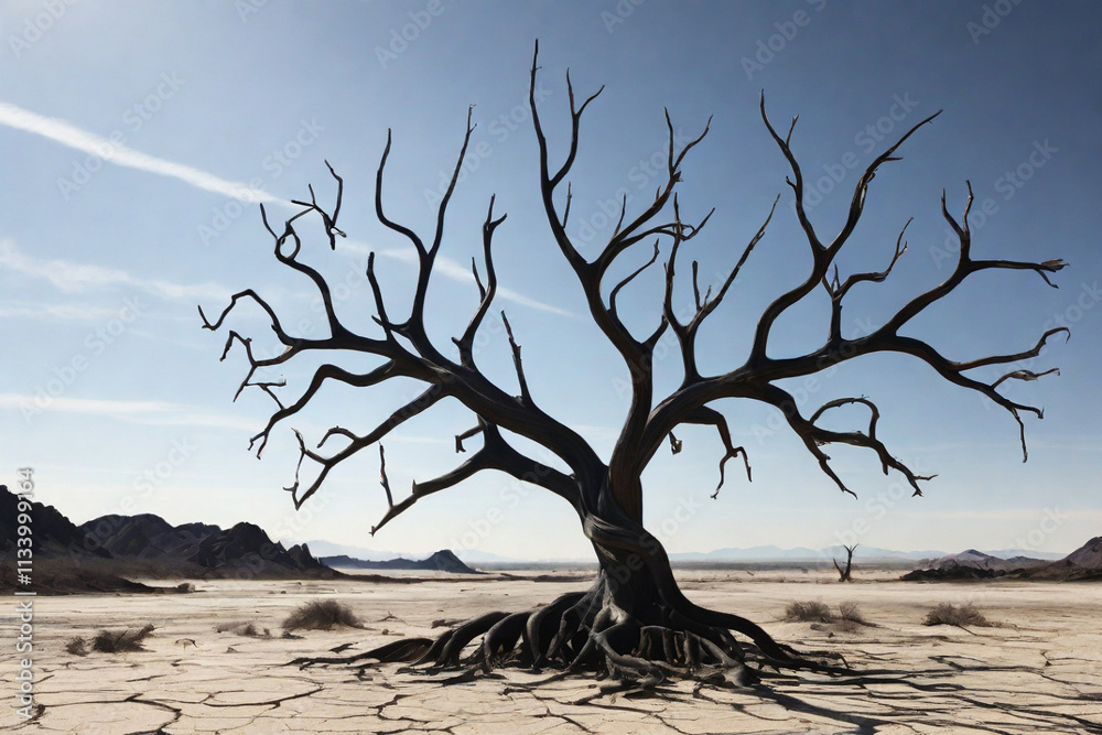 A blackened tree in a barren landscape, its branches twisted into claw-like shapes. A blackened tree in a barren landscape, its branches twisted into claw-like shapes.