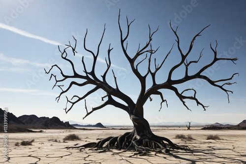 A blackened tree in a barren landscape, its branches twisted into claw-like shapes.